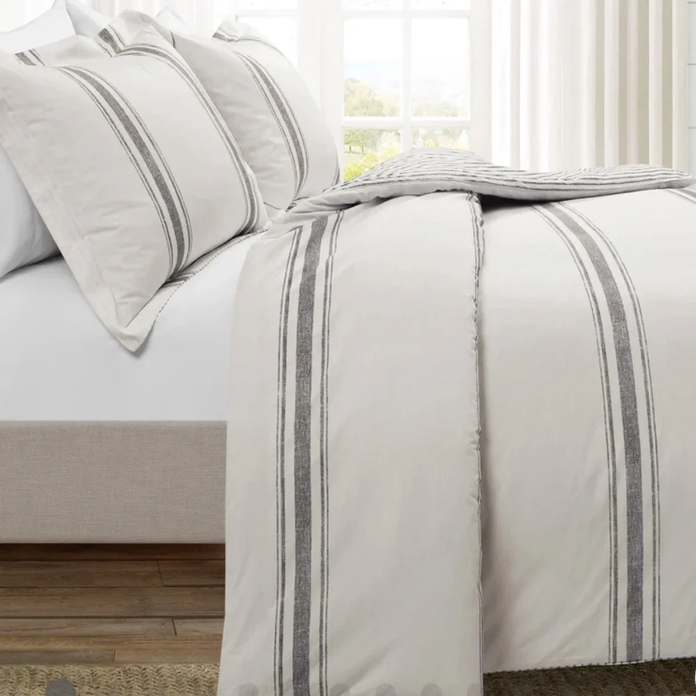 Lush Décor Farmhouse Stripe 100% Cotton Duvet Cover Set Gray